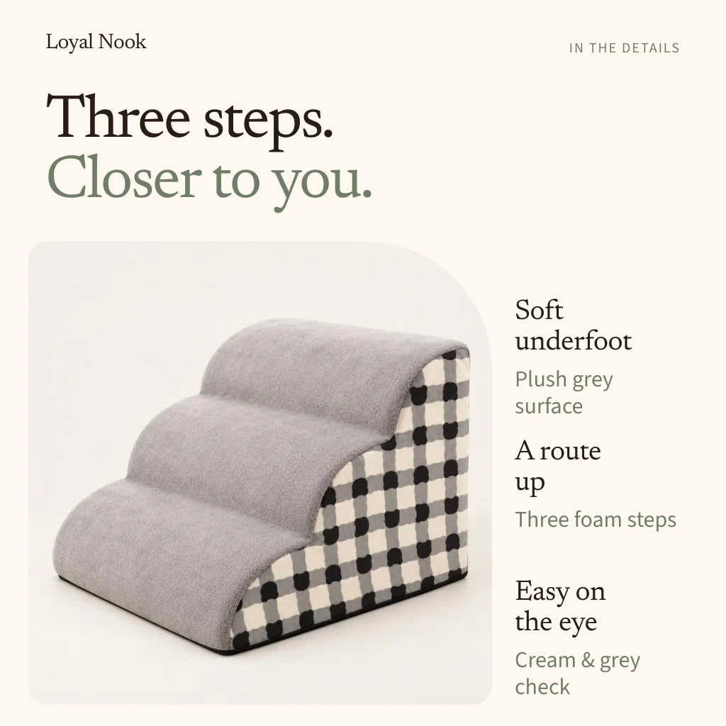 Grey plush surface, three foam steps, and cream and grey checked sides