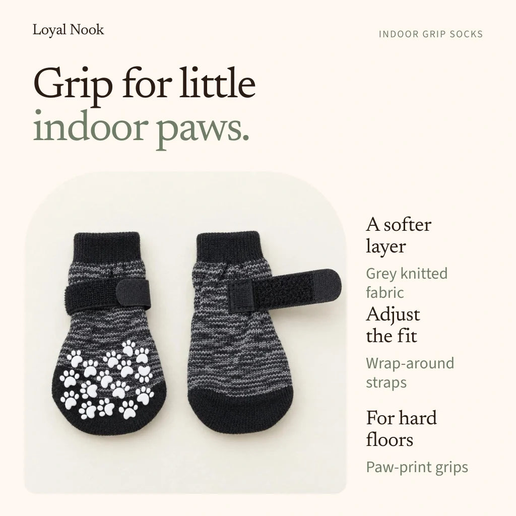 Grey knit, adjustable straps and paw-print grip pattern; four socks per set