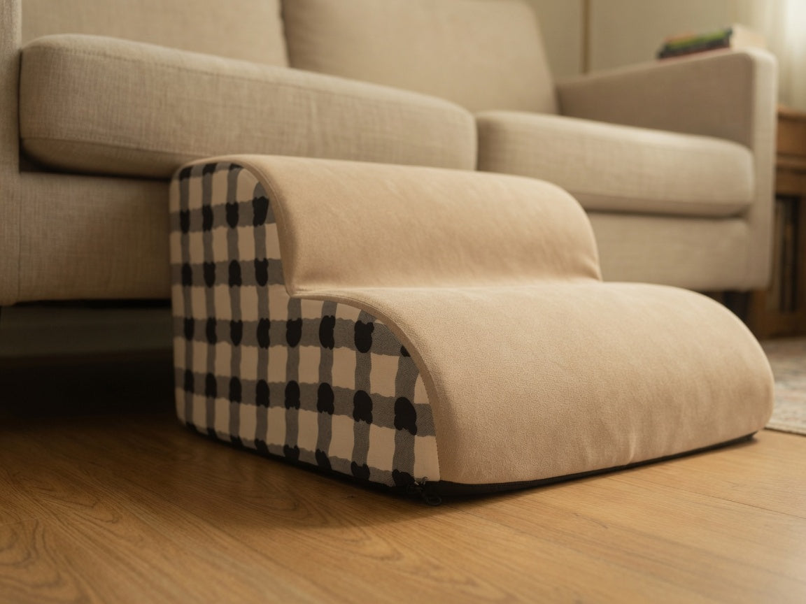 Grey non-slip base of the cream-and-charcoal check stairs
