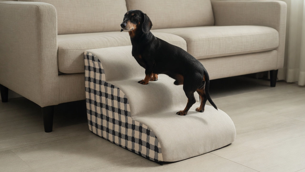 An older dachshund on three-step foam stairs with beige treads and cream-and-charcoal check sides, beside a sage sofa