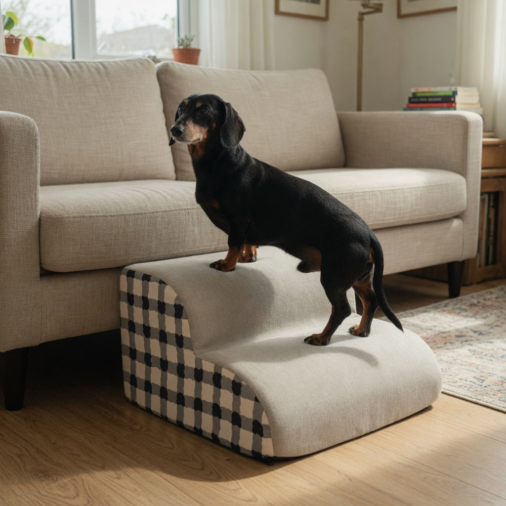 A small dachshund standing on the cream-and-charcoal check stairs