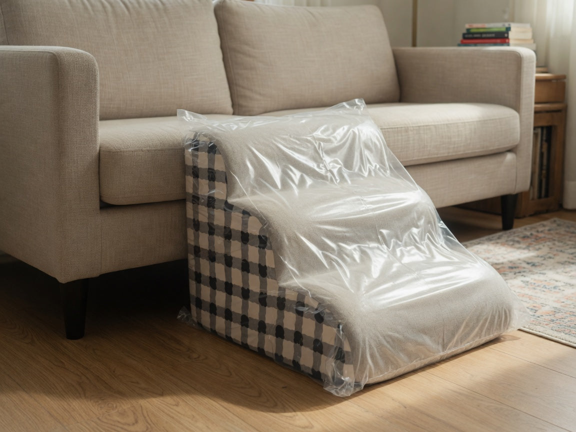 Vacuum-packed foam stairs still compressed