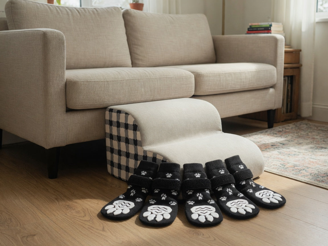 Sofa Time Kit: the same cream-and-charcoal check stairs and four grey indoor socks