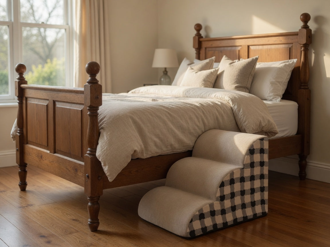 The three-step set beside a tall bed it cannot reach